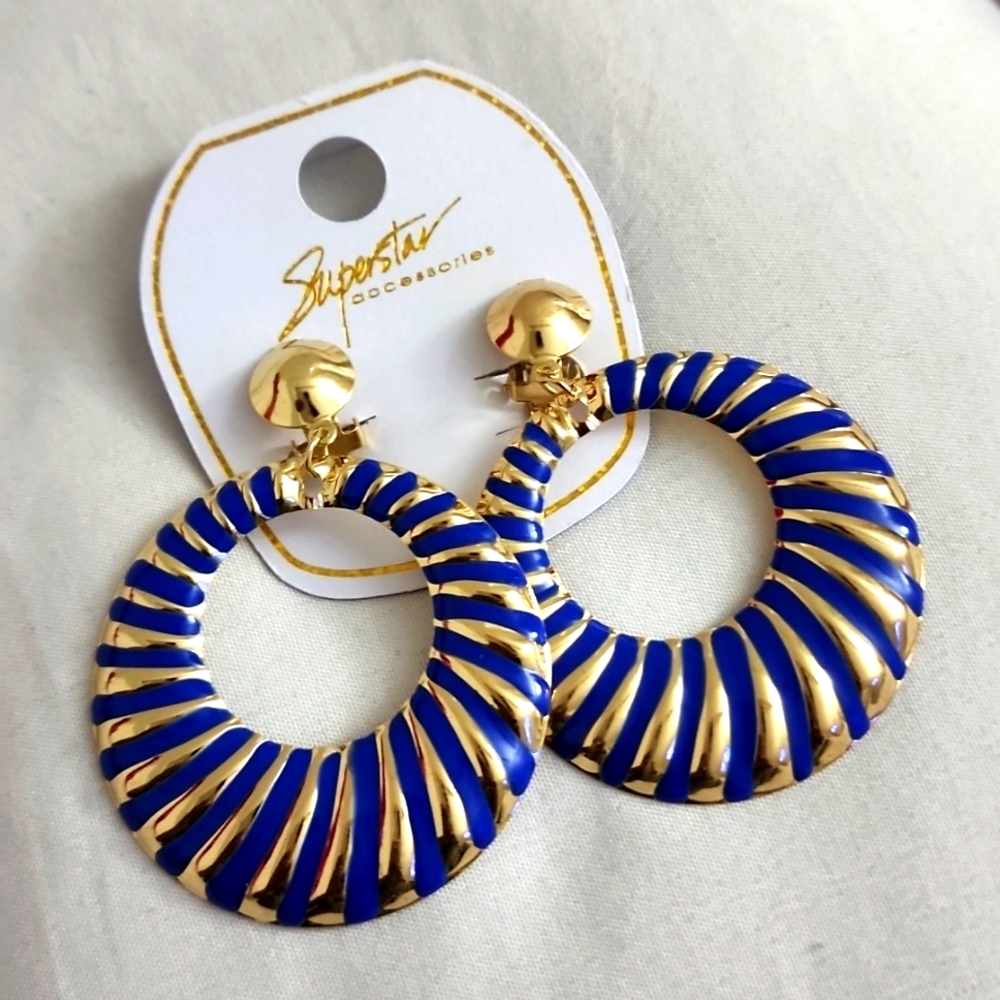 3 for $18 Gold and Blue Candy Striped CLIP-ON Earrings NWT